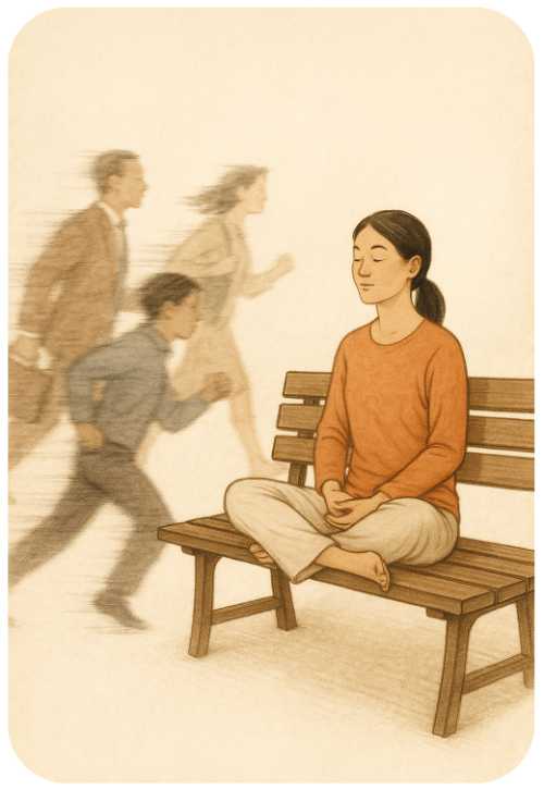 Women meditates while other rush past her